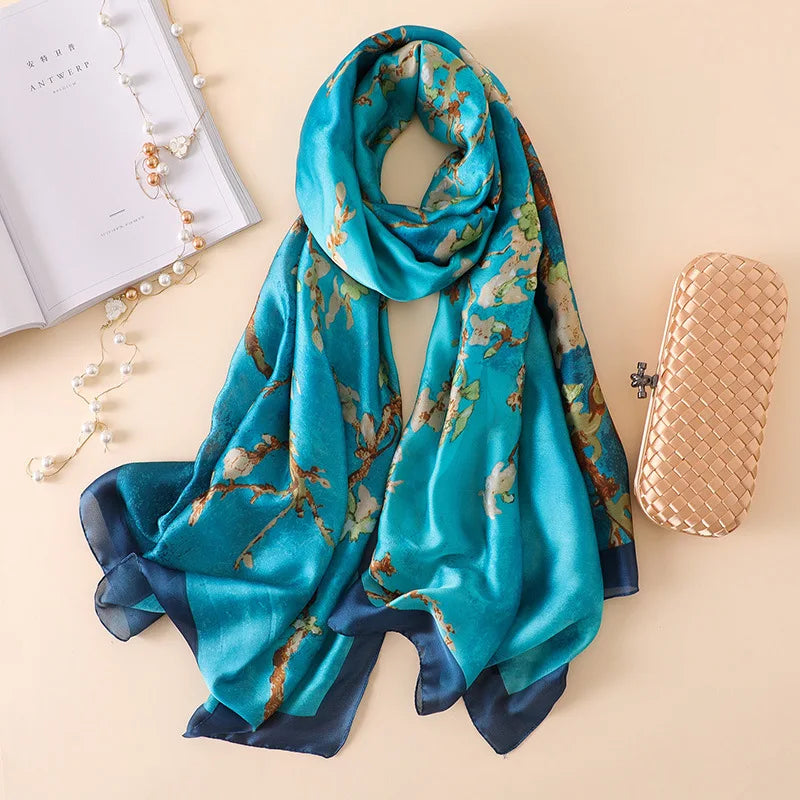 Luxury Silk Scarf Women Van Gogh Floral Designer Wrap