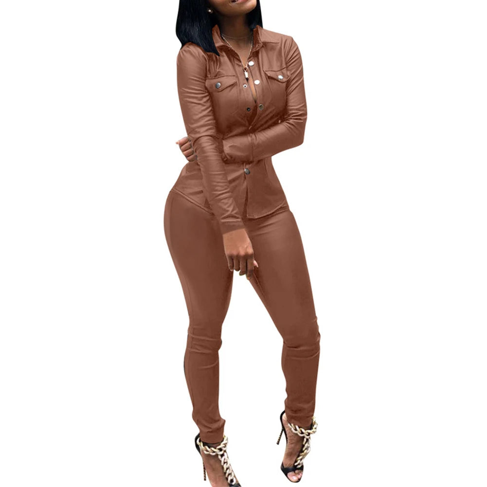 Women’s Faux Leather Two-Piece Suit Jacket & Pants Set