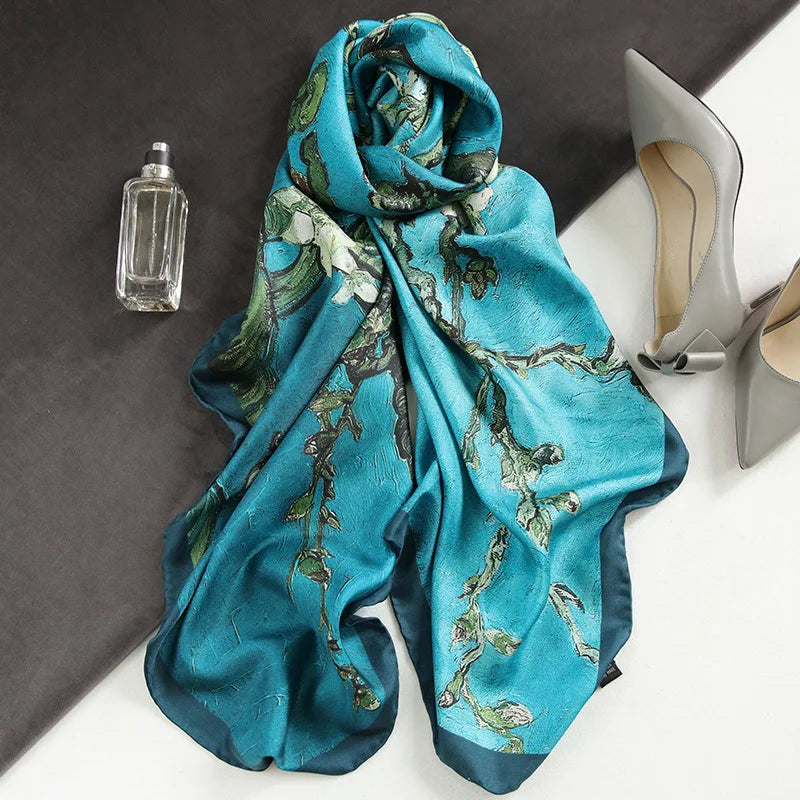 Luxury Silk Scarf Women Van Gogh Floral Designer Wrap