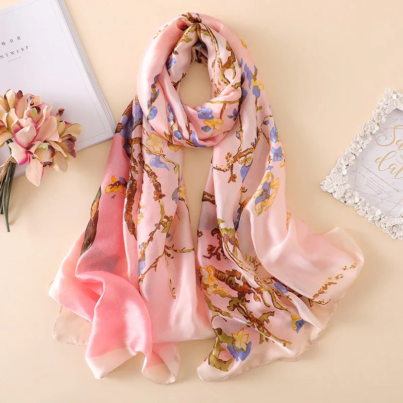 Luxury Silk Scarf Women Van Gogh Floral Designer Wrap