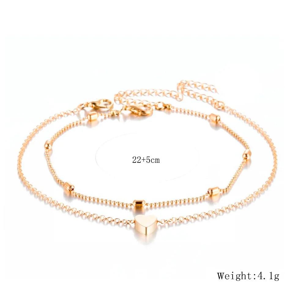 Women’s Heart Crochet Anklet Bracelet Two-Layer Jewelry