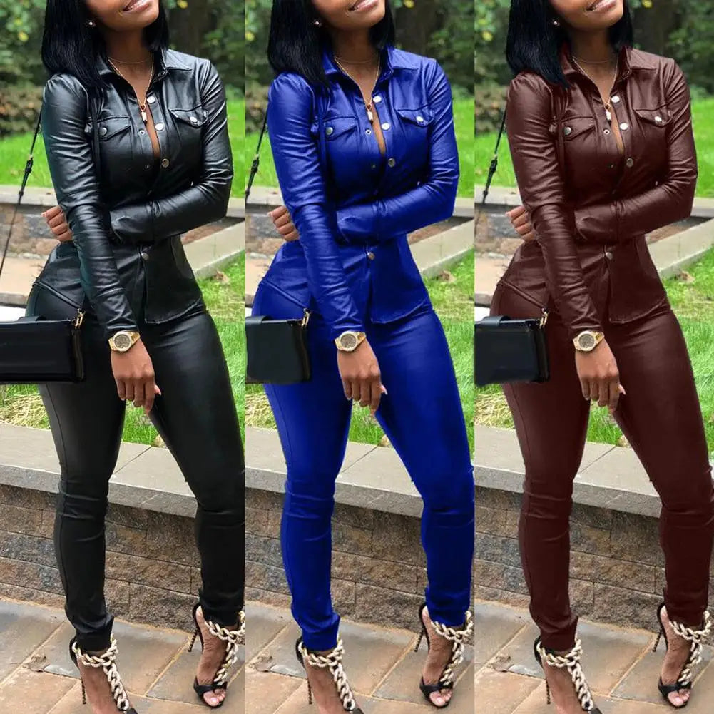 Women’s Faux Leather Two-Piece Suit Jacket & Pants Set