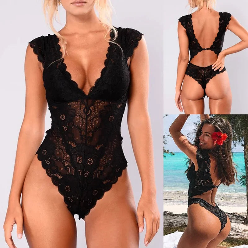 Sexy Mesh Lace Teddy Bodysuit Lingerie Women Halter