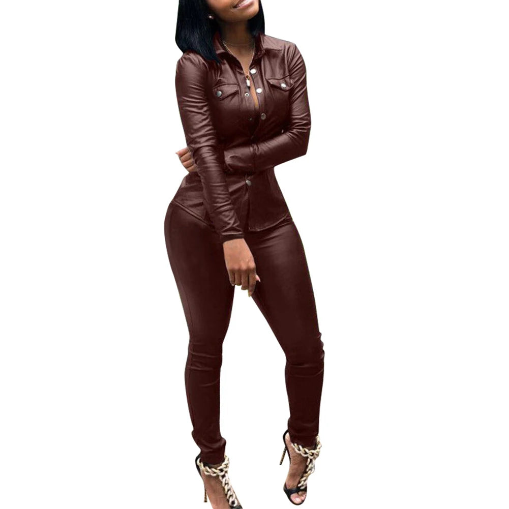 Women’s Faux Leather Two-Piece Suit Jacket & Pants Set
