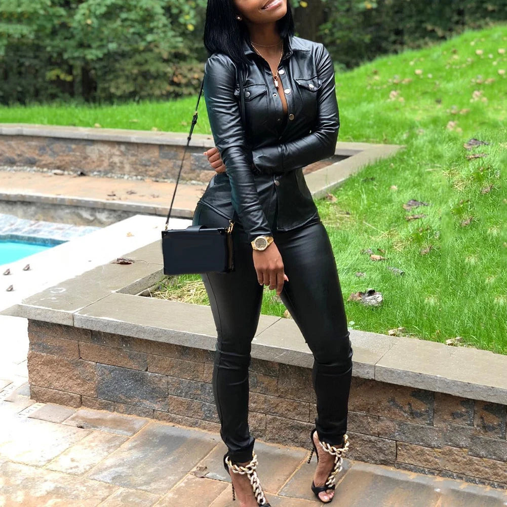 Women’s Faux Leather Two-Piece Suit Jacket & Pants Set