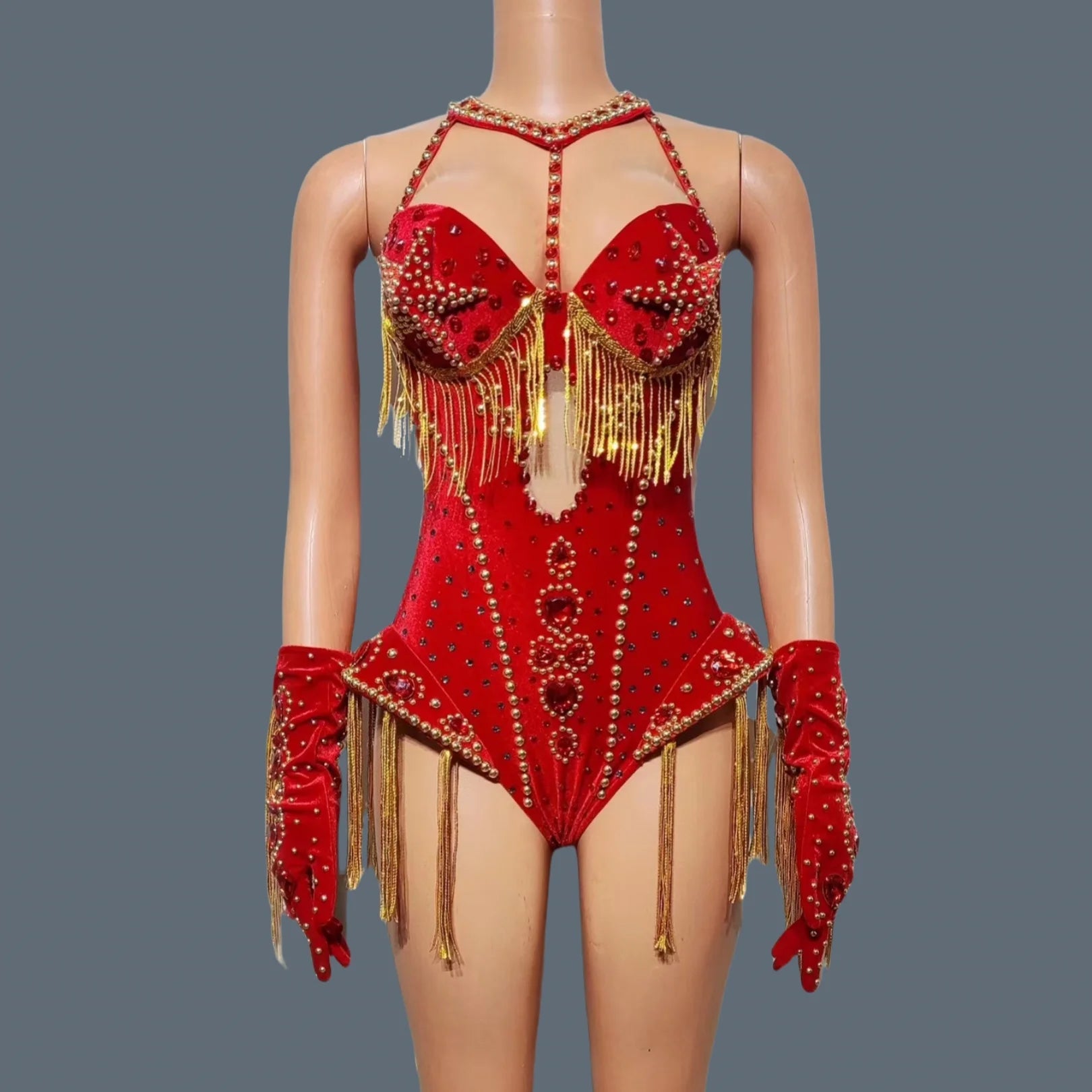 ChatGPT said:  Women’s Sparkly Red Rhinestone Bodysuit 4PC Party Set