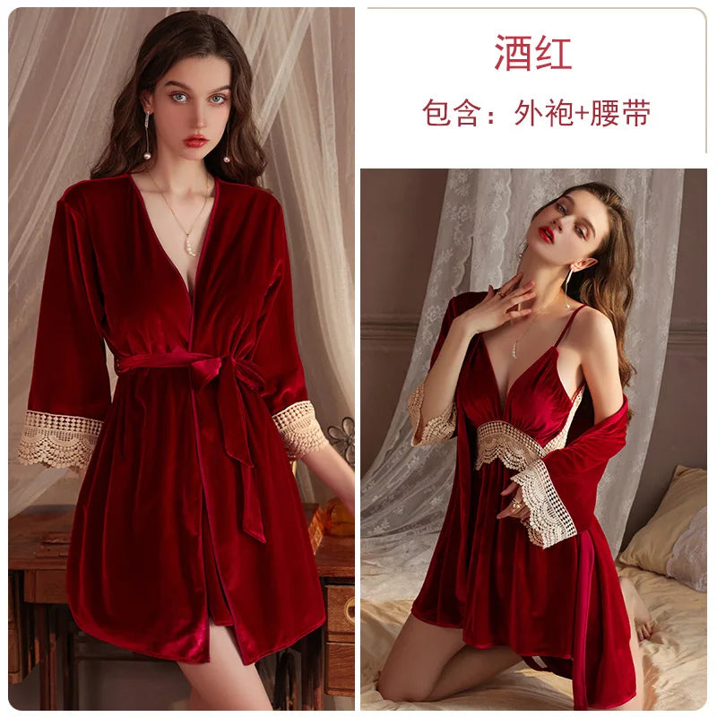 Sexy Deep V Backless Velvet Lace Nightdress Robe Women