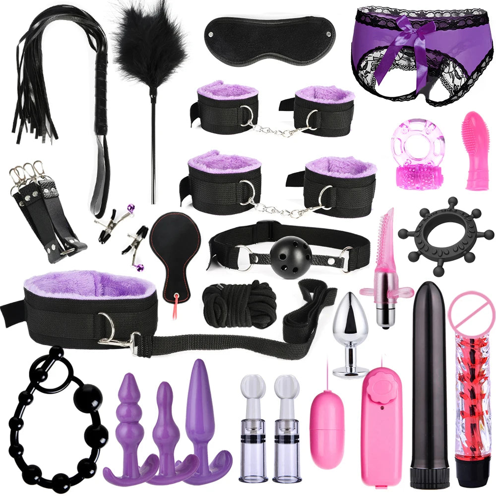 BDSM Bondage Kit for Adults – Handcuffs, Whip & Plug