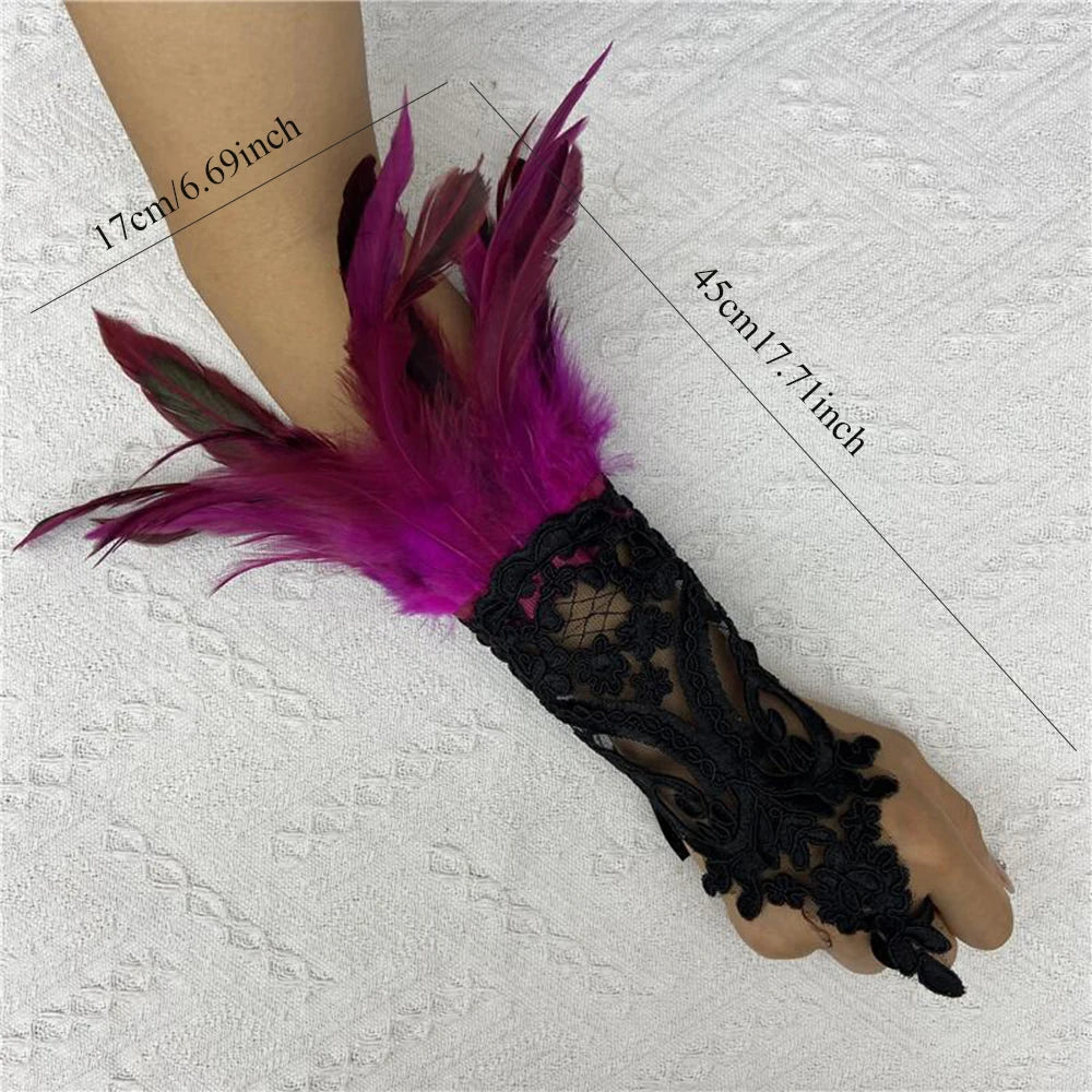 Sexy Lace Feather Long Gloves Women Gothic Fingerless
