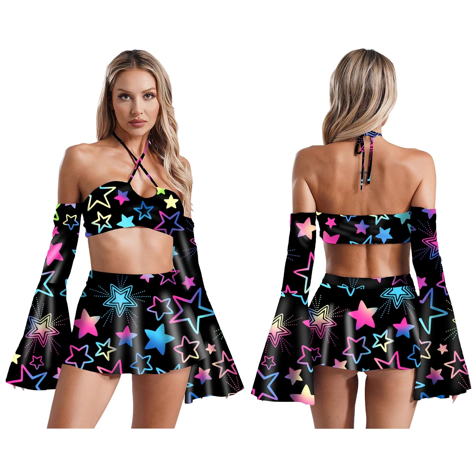Women’s Rave Disco Pole Dance Outfit 3-Piece Skirt Set