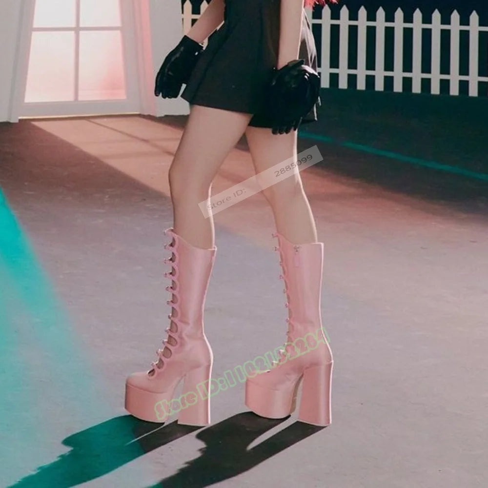 High Platform Pink Chunky Heel Strappy Knee-High Sandals