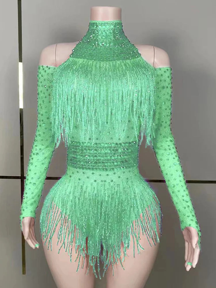 Green Red Black Rhinestone Fringe Bodysuit Clubwear