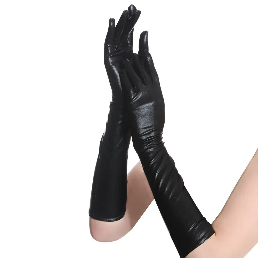 Sexy Long Patent Leather Gloves Gold Silver Y2K