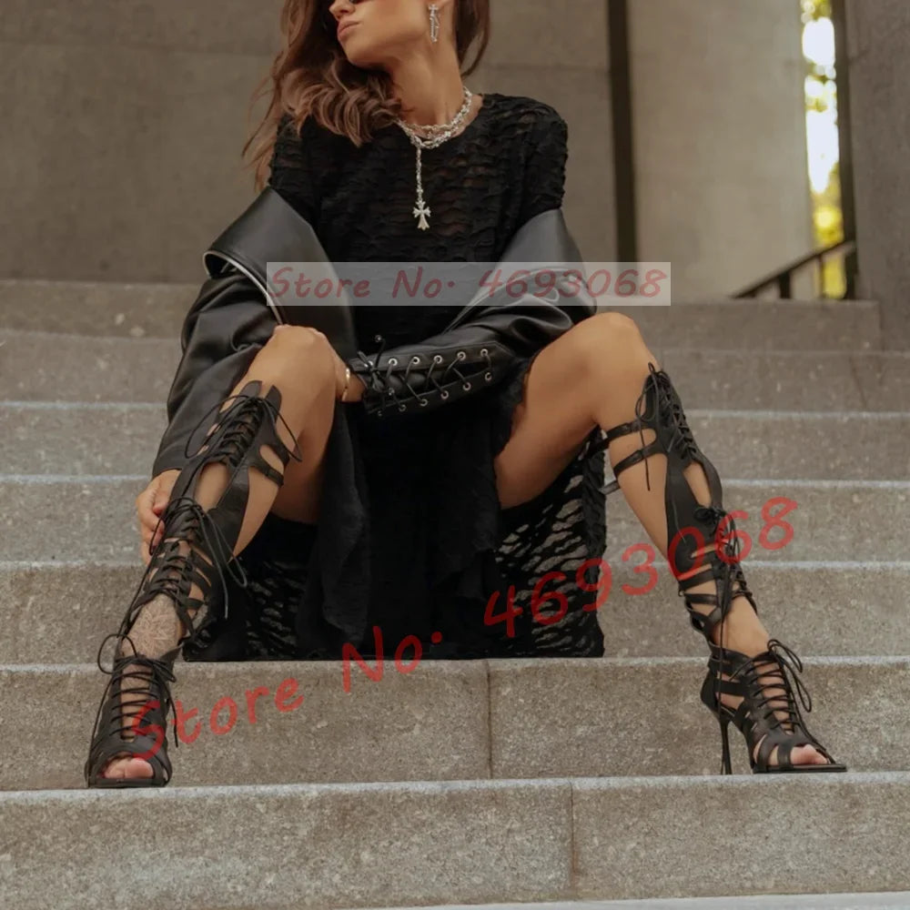 Black Strappy Cutout Sandals Women High Heels Shoes