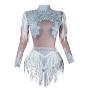 ChatGPT said:  Rhinestone Tassel Sequin Bodysuit Women Club Costume