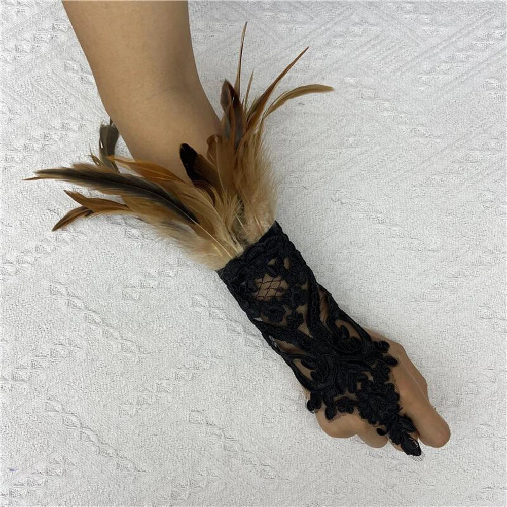 Sexy Lace Feather Long Gloves Women Gothic Fingerless