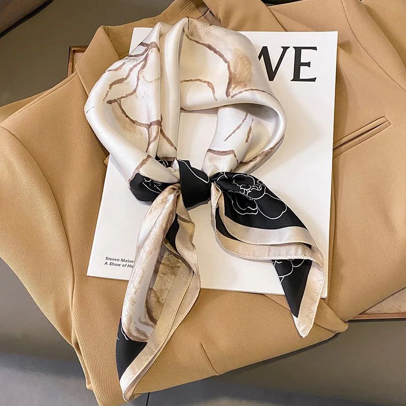 Luxury Black & White Silk Scarf Women Head Wrap Neckerchief
