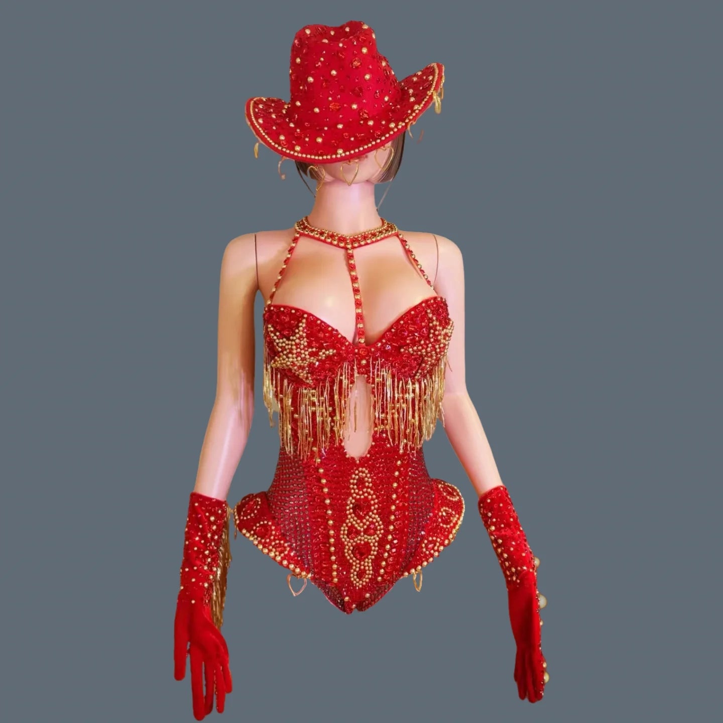 ChatGPT said:  Women’s Sparkly Red Rhinestone Bodysuit 4PC Party Set