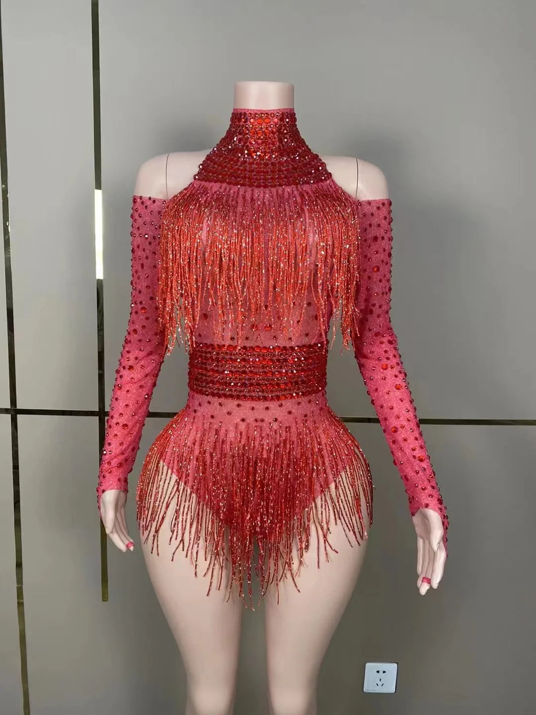 Green Red Black Rhinestone Fringe Bodysuit Clubwear