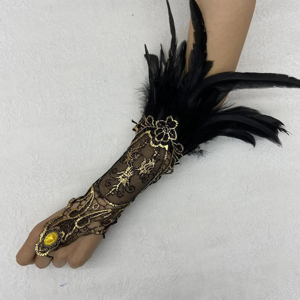 Sexy Lace Feather Long Gloves Women Gothic Fingerless