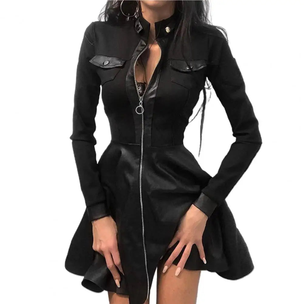 Sexy Faux Leather Mini Dress Women Lace Zipper