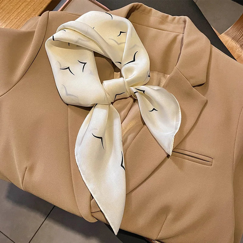 Luxury Black & White Silk Scarf Women Head Wrap Neckerchief