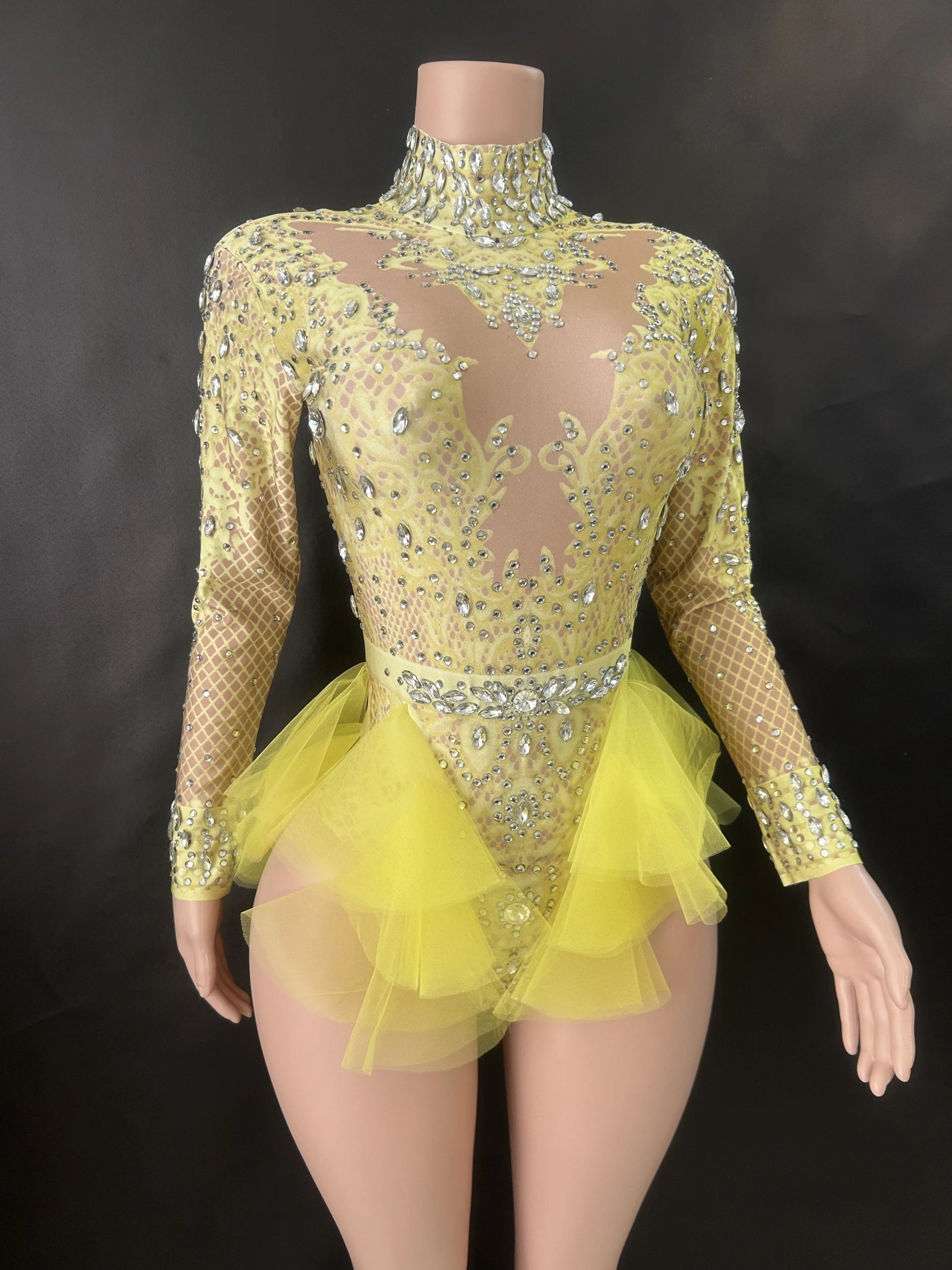 ChatGPT said:  Pink Mesh Rhinestone Ruffle Bodysuit Stage Outfit