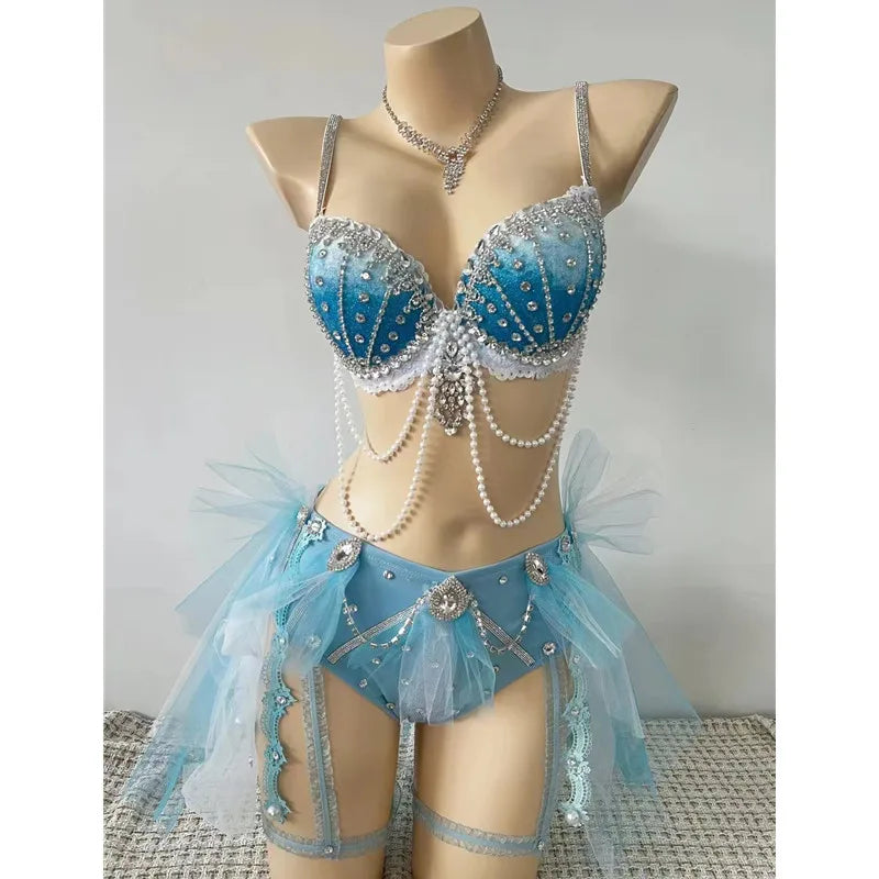 Women’s Blue Crystal Beading Bikini Pole Dance Outfit