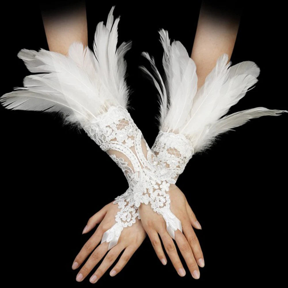 Sexy Lace Feather Long Gloves Women Gothic Fingerless