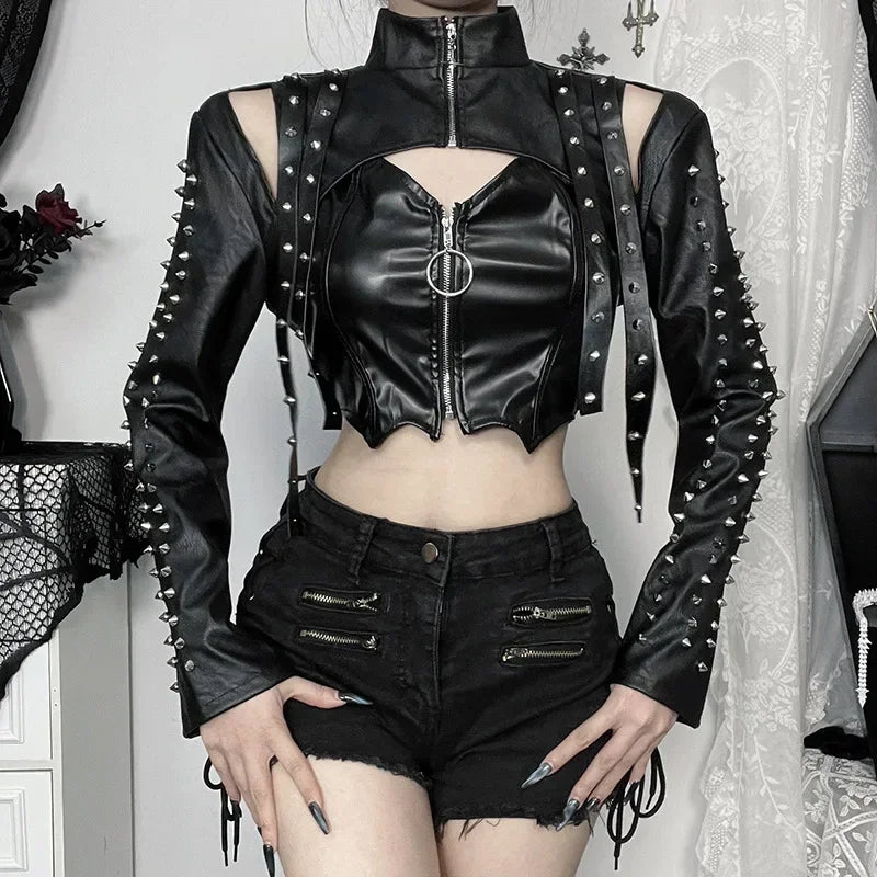 Women’s Punk Faux Leather Cropped Jacket Slim Fit Top