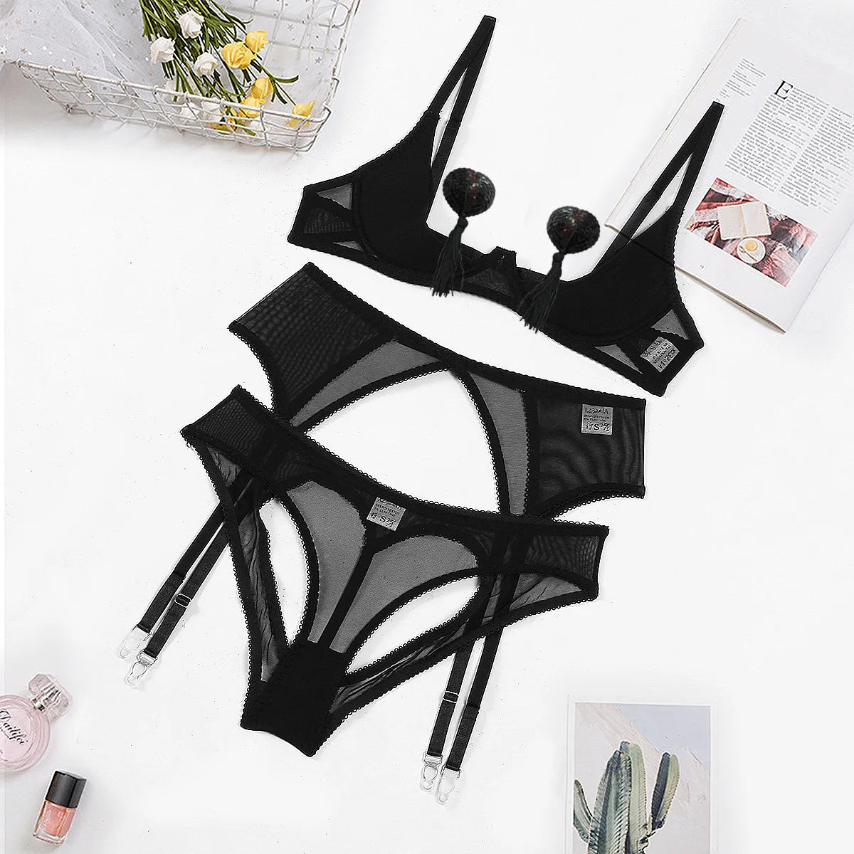 Sexy Open Bra & Panty Lingerie Set Women Garter Kit