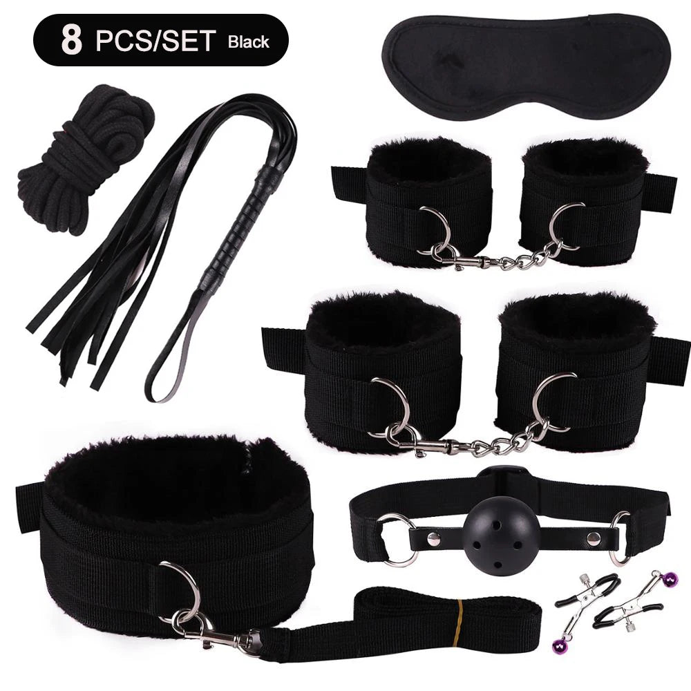 Exotic BDSM Bed Bondage Kit – Handcuffs, Whip & Gag