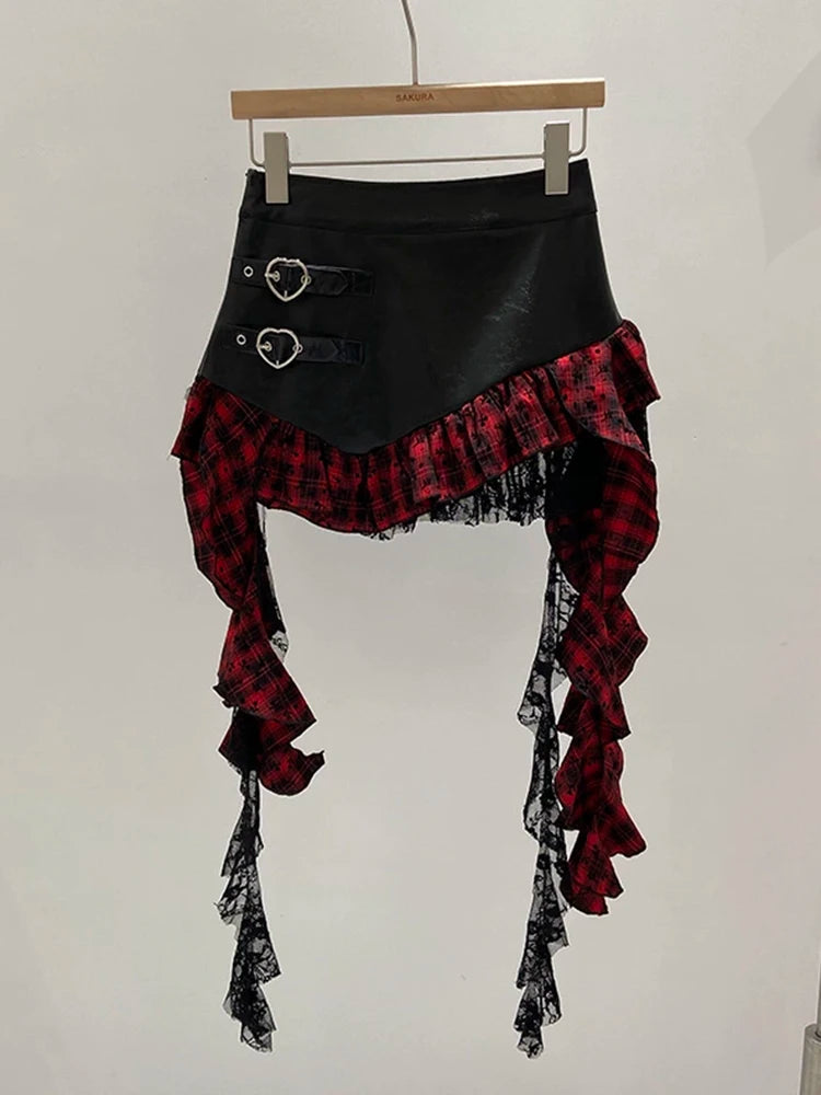 Faux Leather Mini Skirt Women Plaid Ruffle Heart Buckle