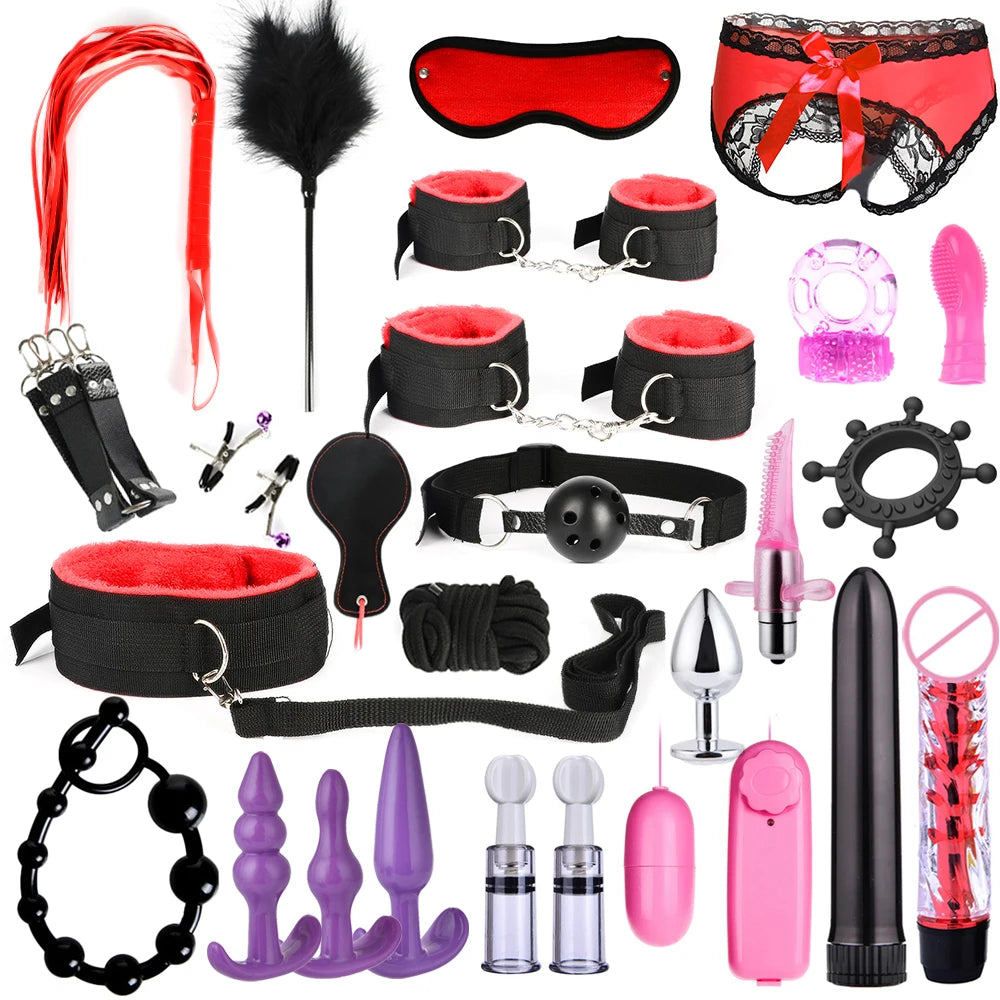 BDSM Bondage Kit for Adults – Handcuffs, Whip & Plug
