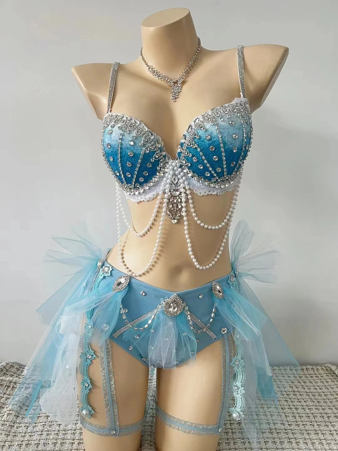 Women’s Blue Crystal Beading Bikini Pole Dance Outfit