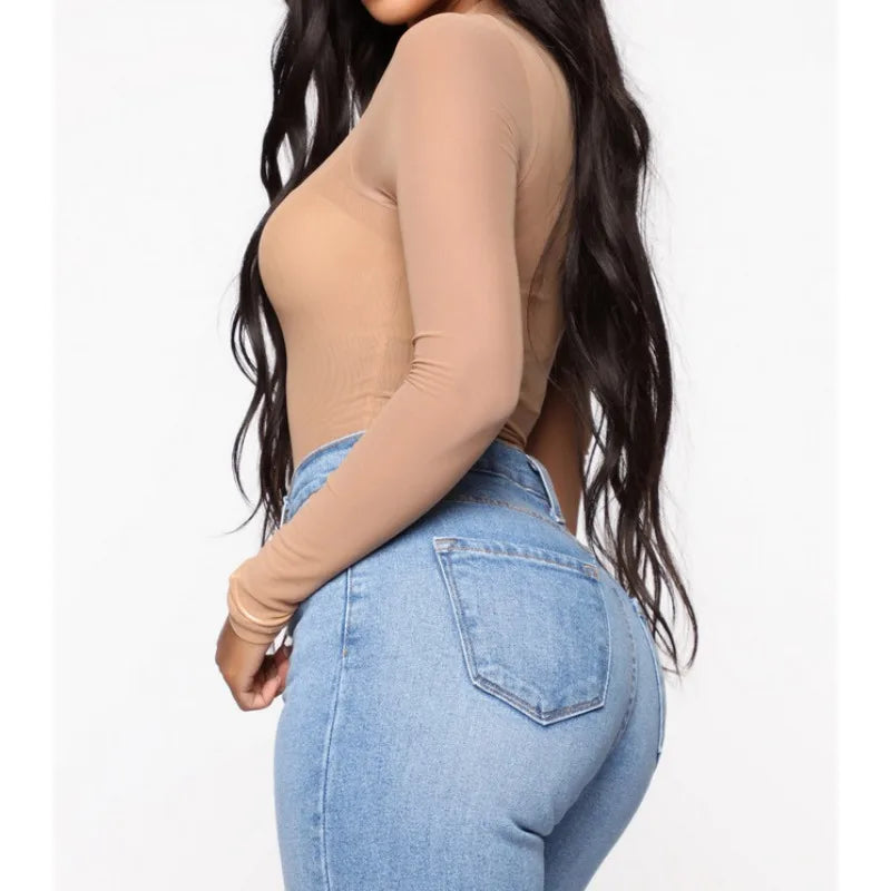 Sexy See-Through Bodysuit Women Long Sleeve Jumpsuit