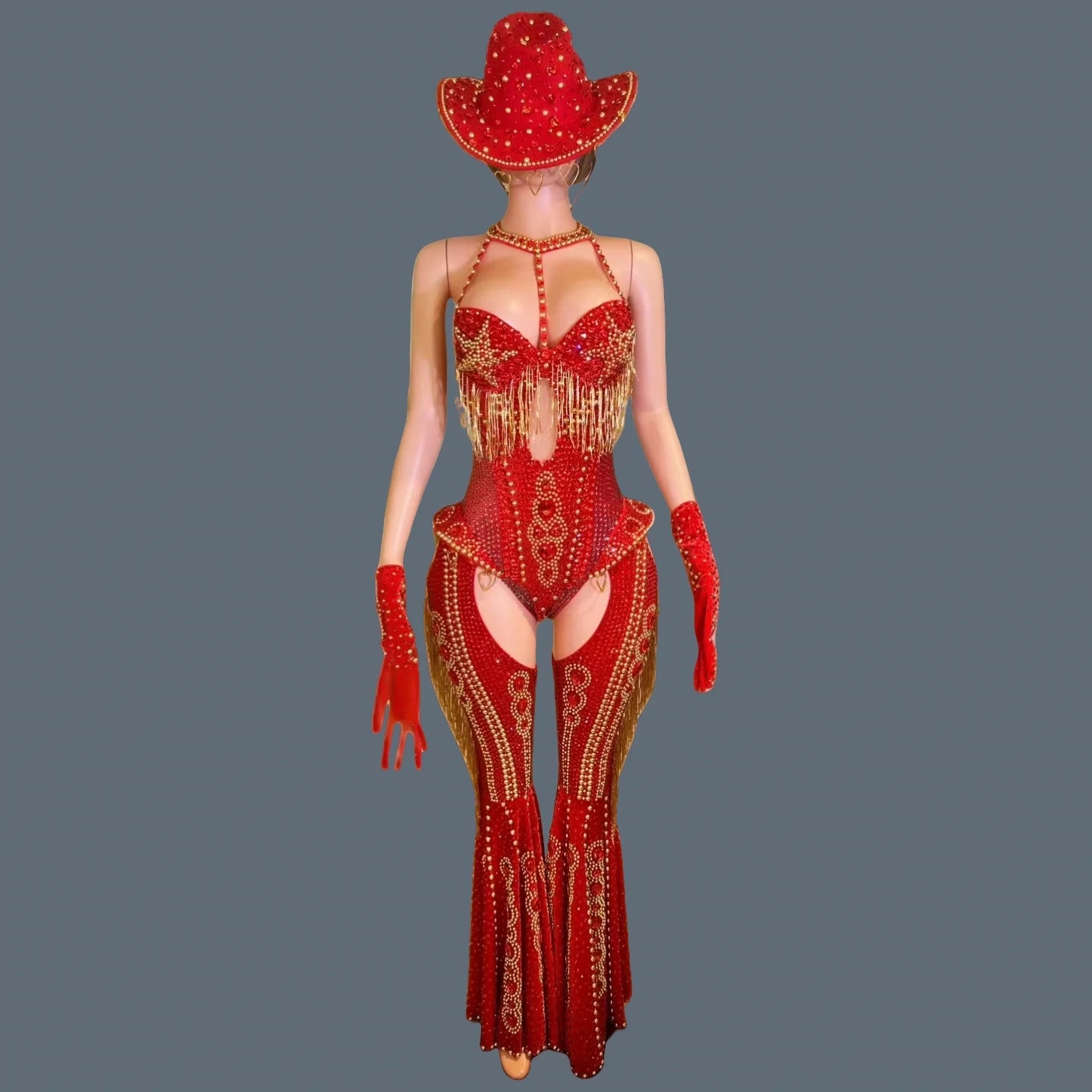 ChatGPT said:  Women’s Sparkly Red Rhinestone Bodysuit 4PC Party Set