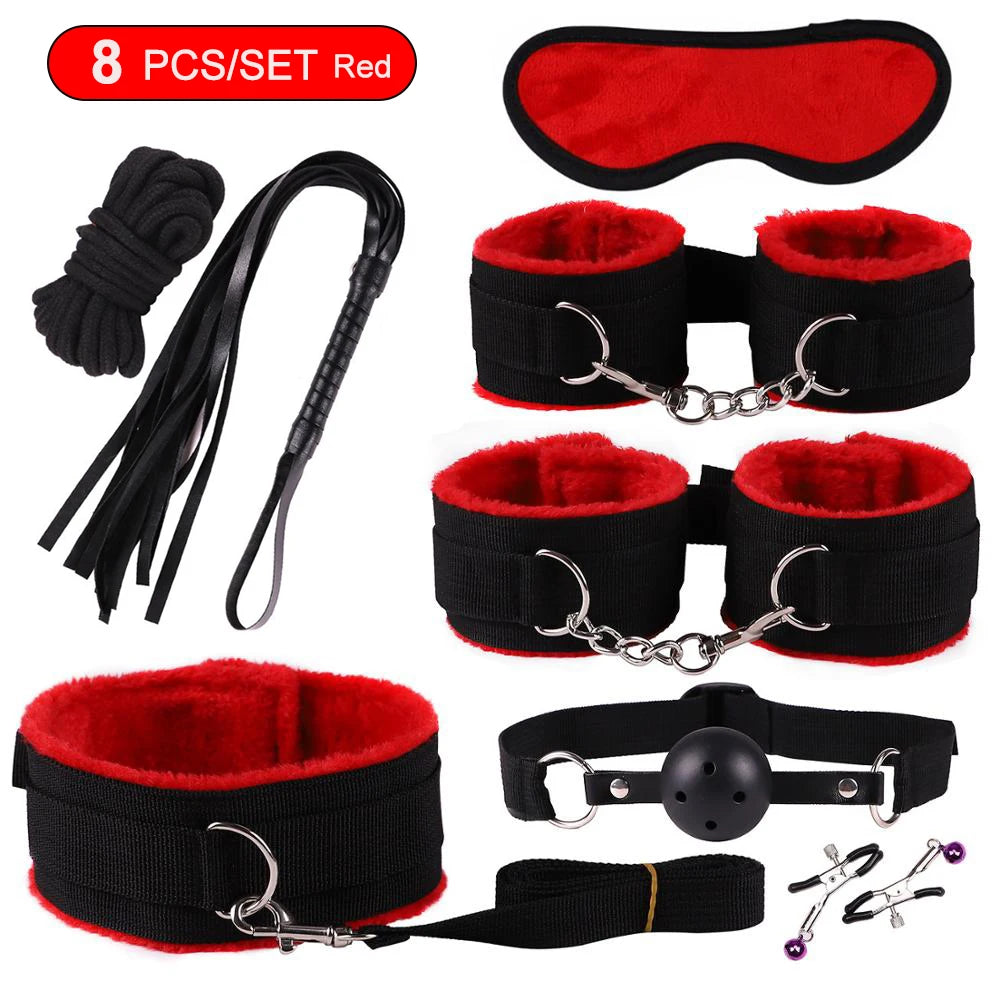 Exotic BDSM Bed Bondage Kit – Handcuffs, Whip & Gag