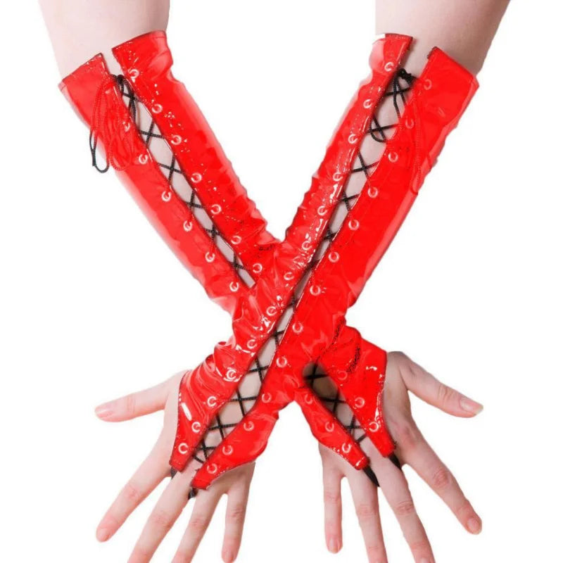 Sexy PVC PU Leather Gloves Women Long Fingerless Party