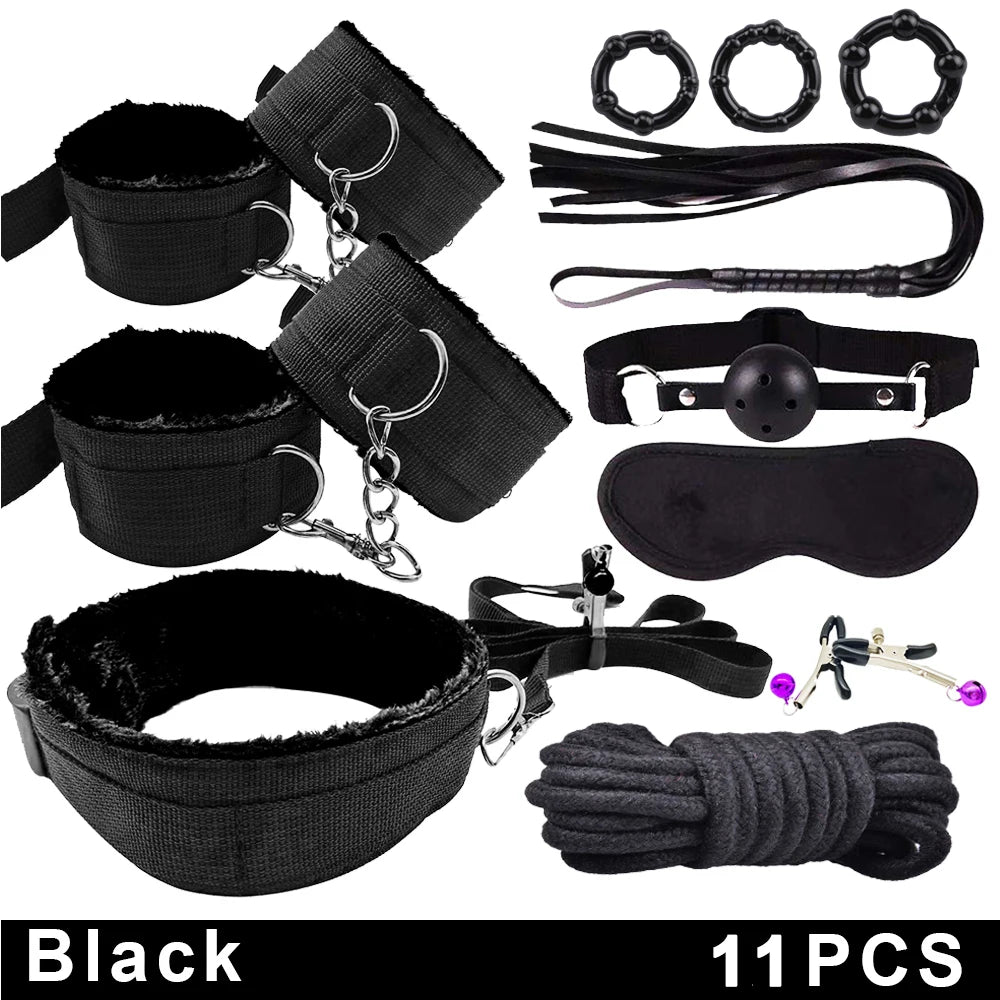 Exotic BDSM Bed Bondage Kit – Handcuffs, Whip & Gag