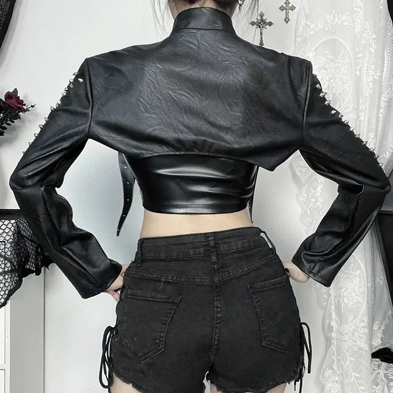 Women’s Punk Faux Leather Cropped Jacket Slim Fit Top