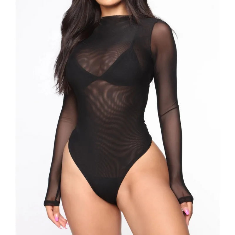Sexy See-Through Bodysuit Women Long Sleeve Jumpsuit