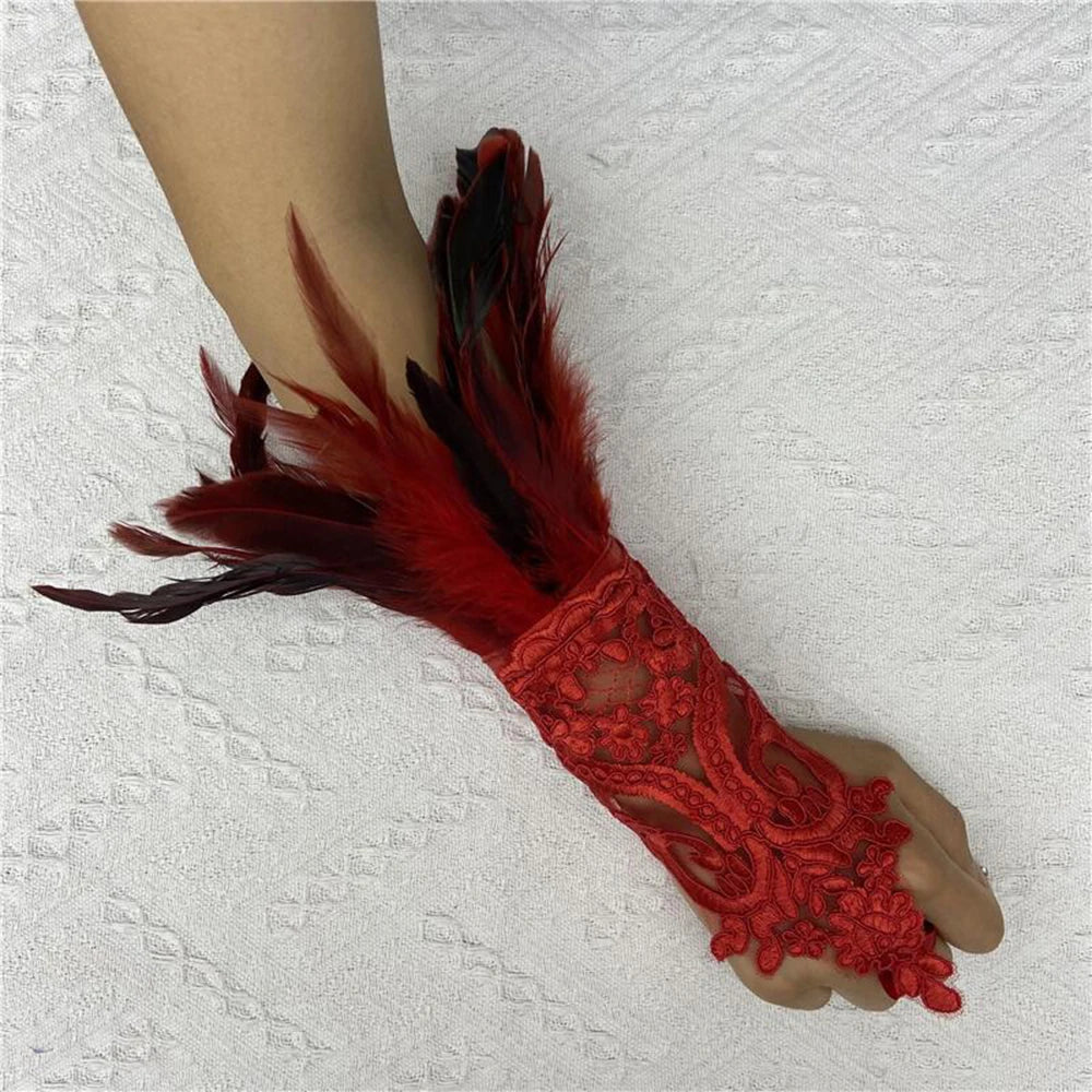 Sexy Lace Feather Long Gloves Women Gothic Fingerless