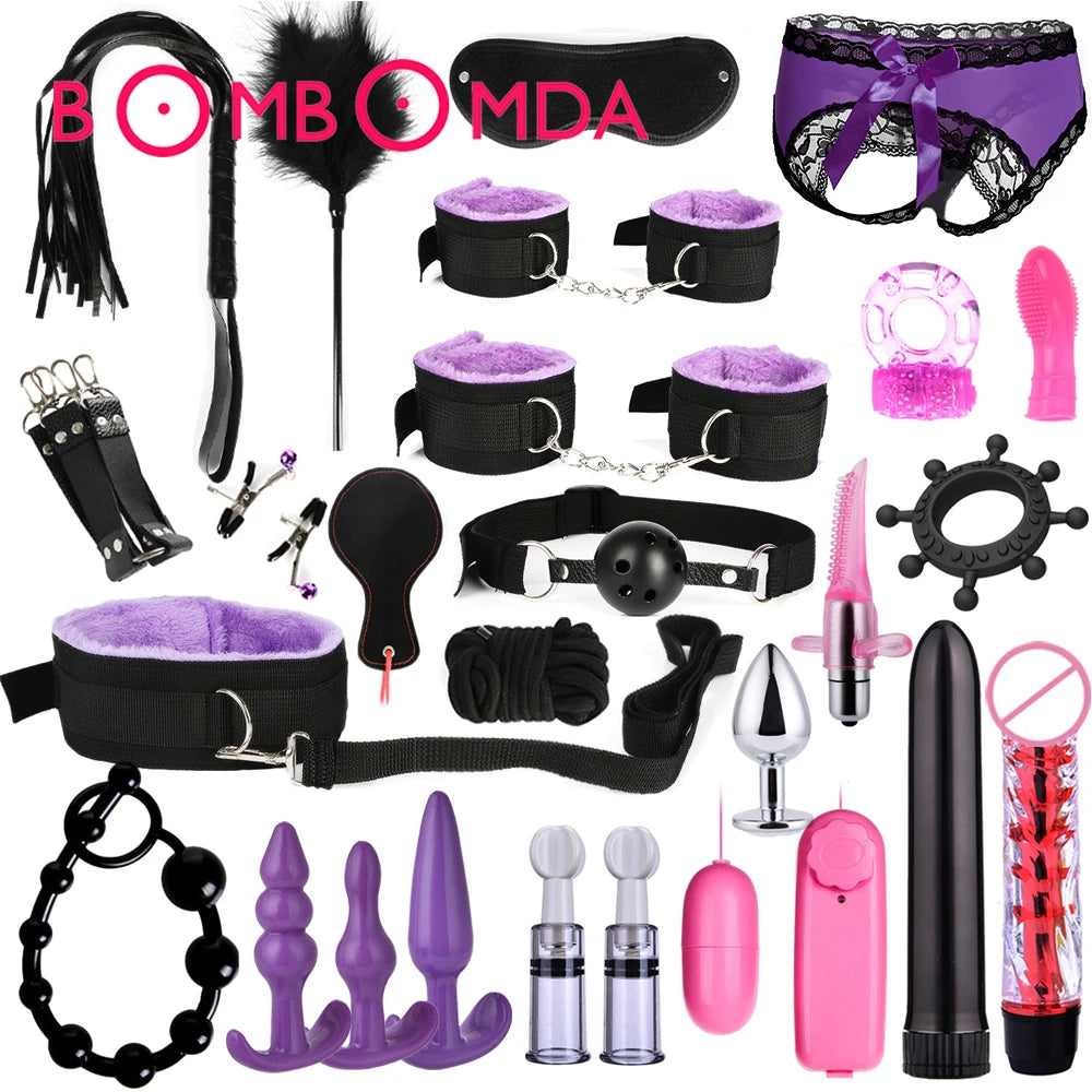 BDSM Bondage Kit for Adults – Handcuffs, Whip & Plug