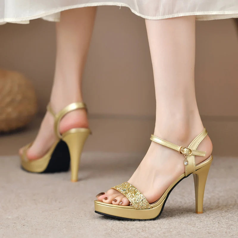 Gold & Silver Glitter Platform Heels Women Summer