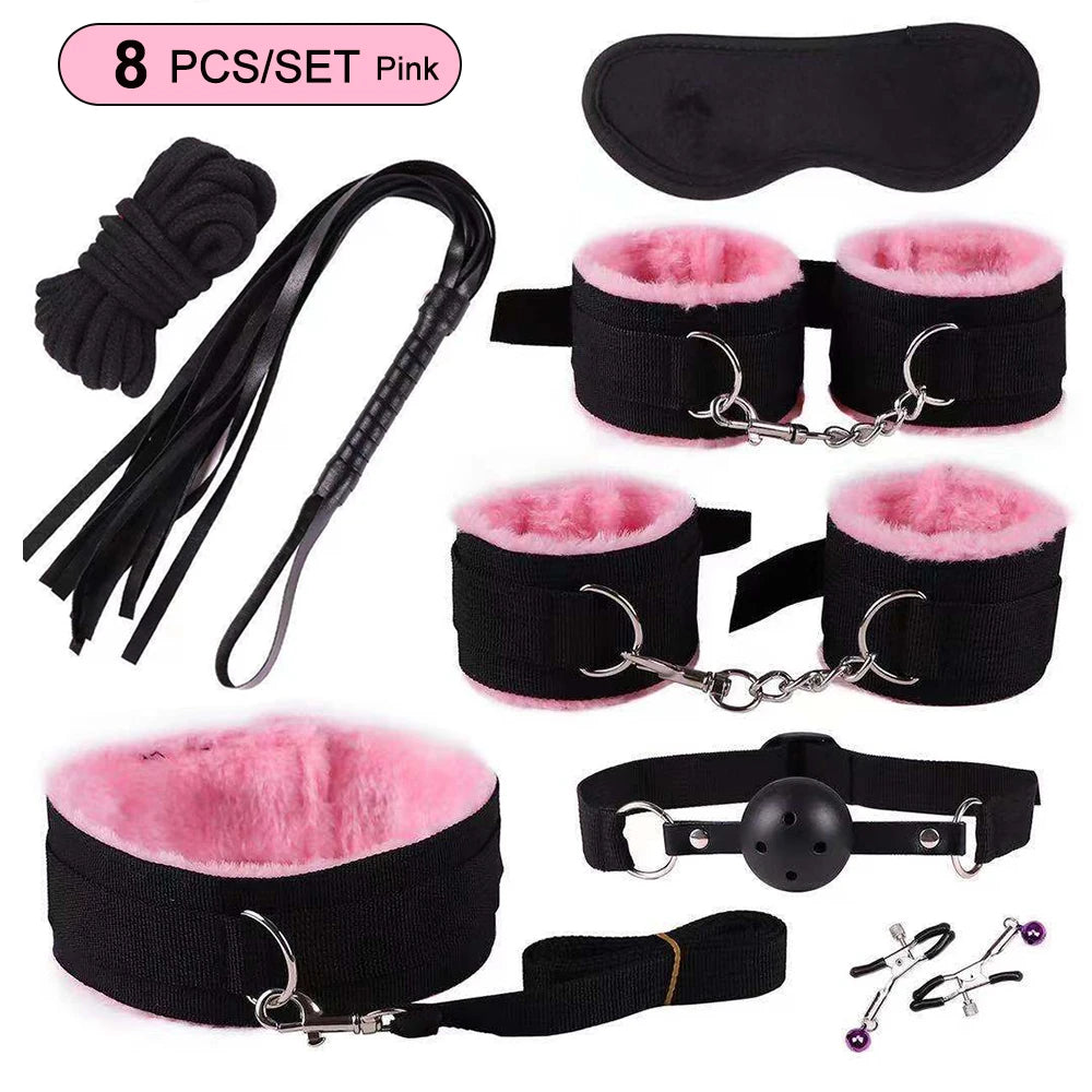 Exotic BDSM Bed Bondage Kit – Handcuffs, Whip & Gag