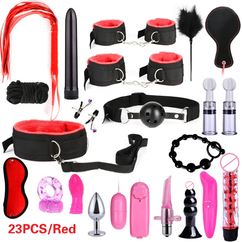 BDSM Bondage Kit for Adults – Handcuffs, Whip & Plug