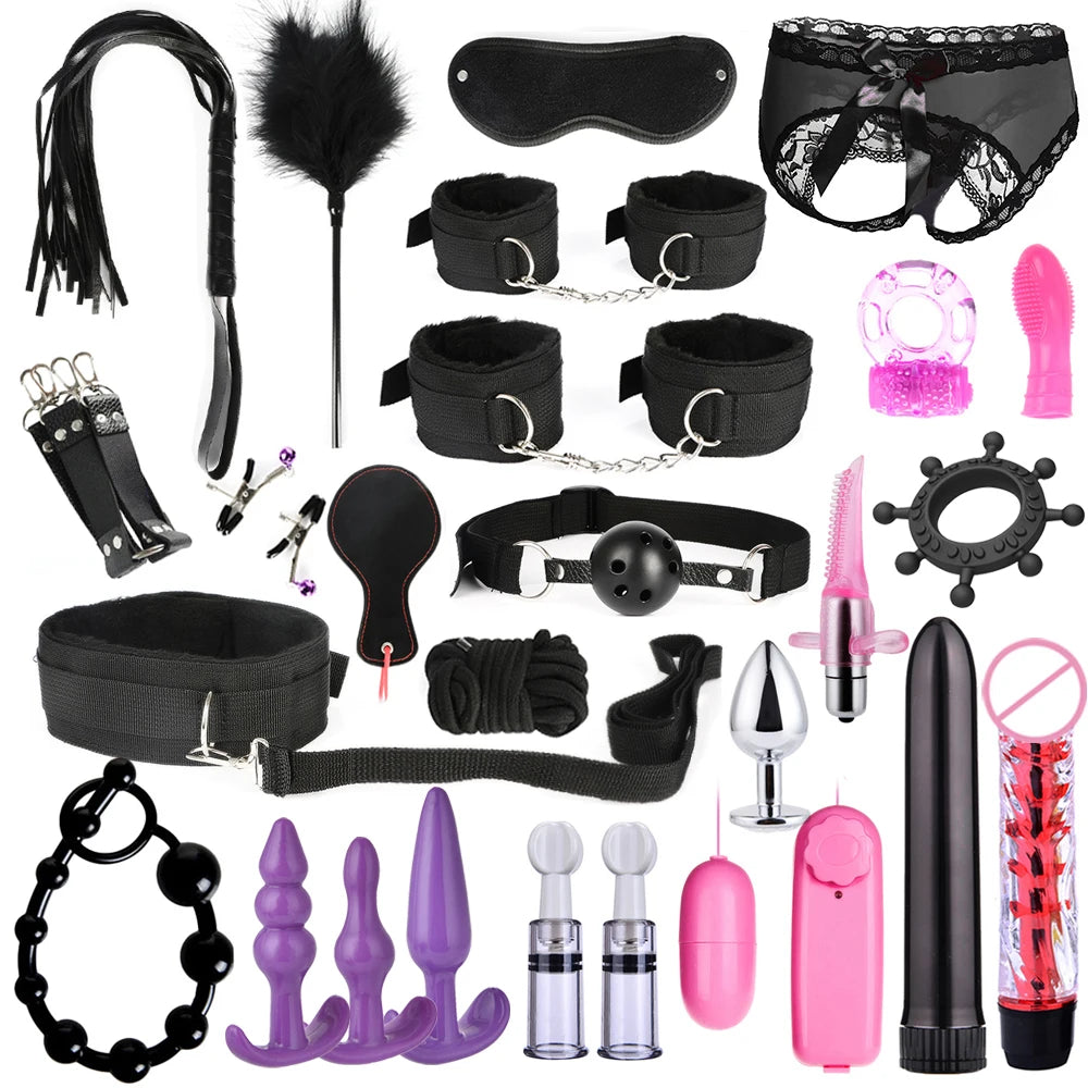 BDSM Bondage Kit for Adults – Handcuffs, Whip & Plug