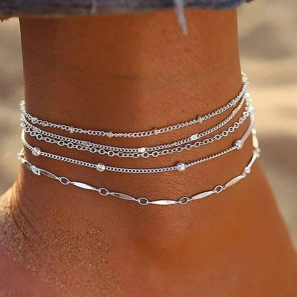 Shiny Layered Leaf Beaded Anklets Summer Jewelry Women