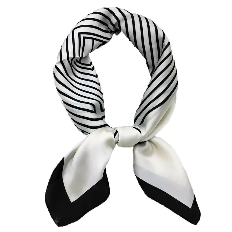 Luxury Black & White Silk Scarf Women Head Wrap Neckerchief